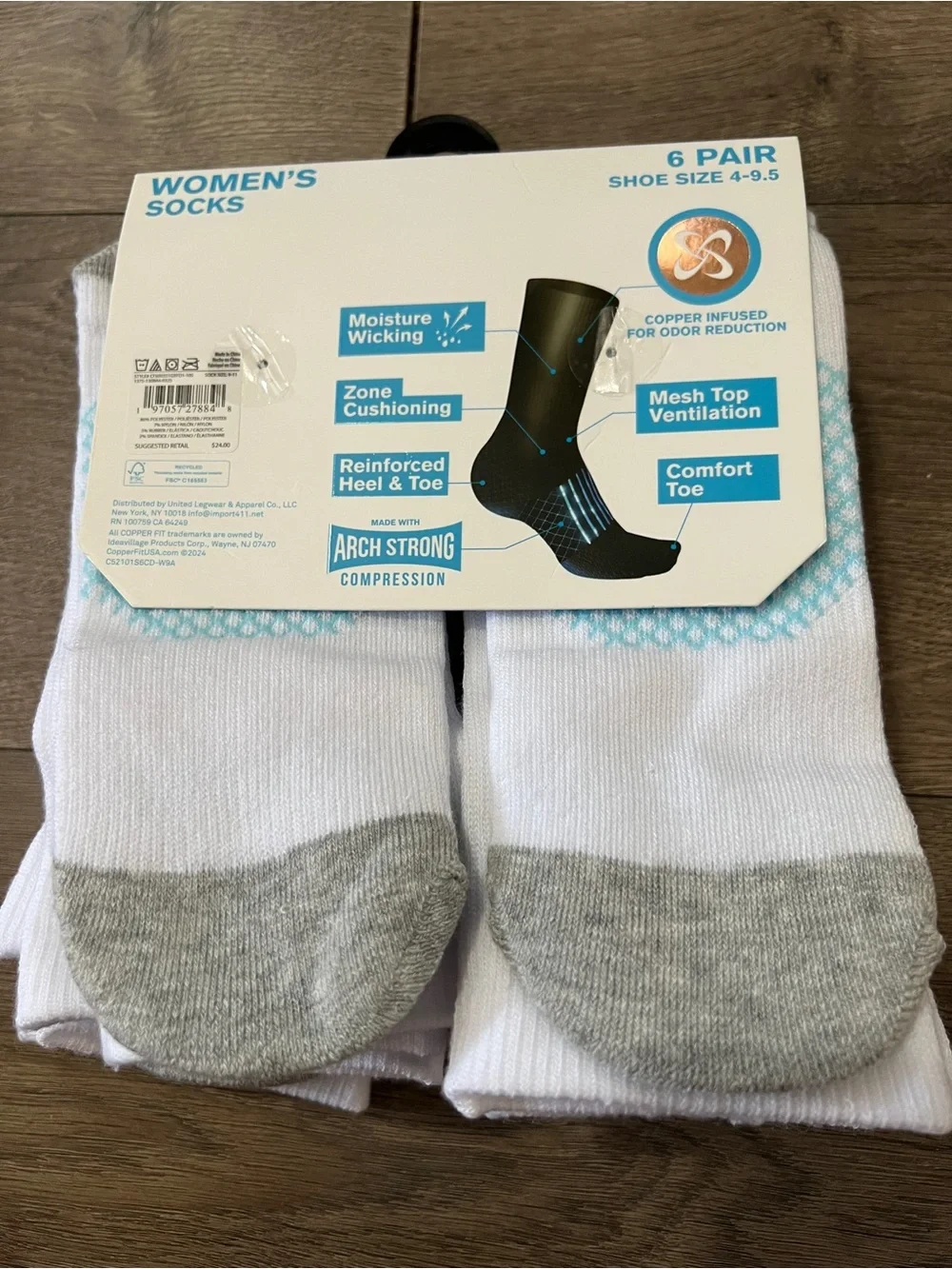 6 Pairs Copper Fit Energy Crew Socks Size 4-9.5 New